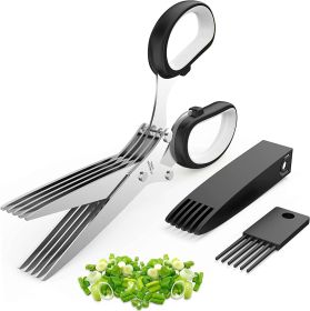 Herb Scissors With Multi Blades Stainless Steel Fast Cutting Shear Kitchen Tool (Color: Black)